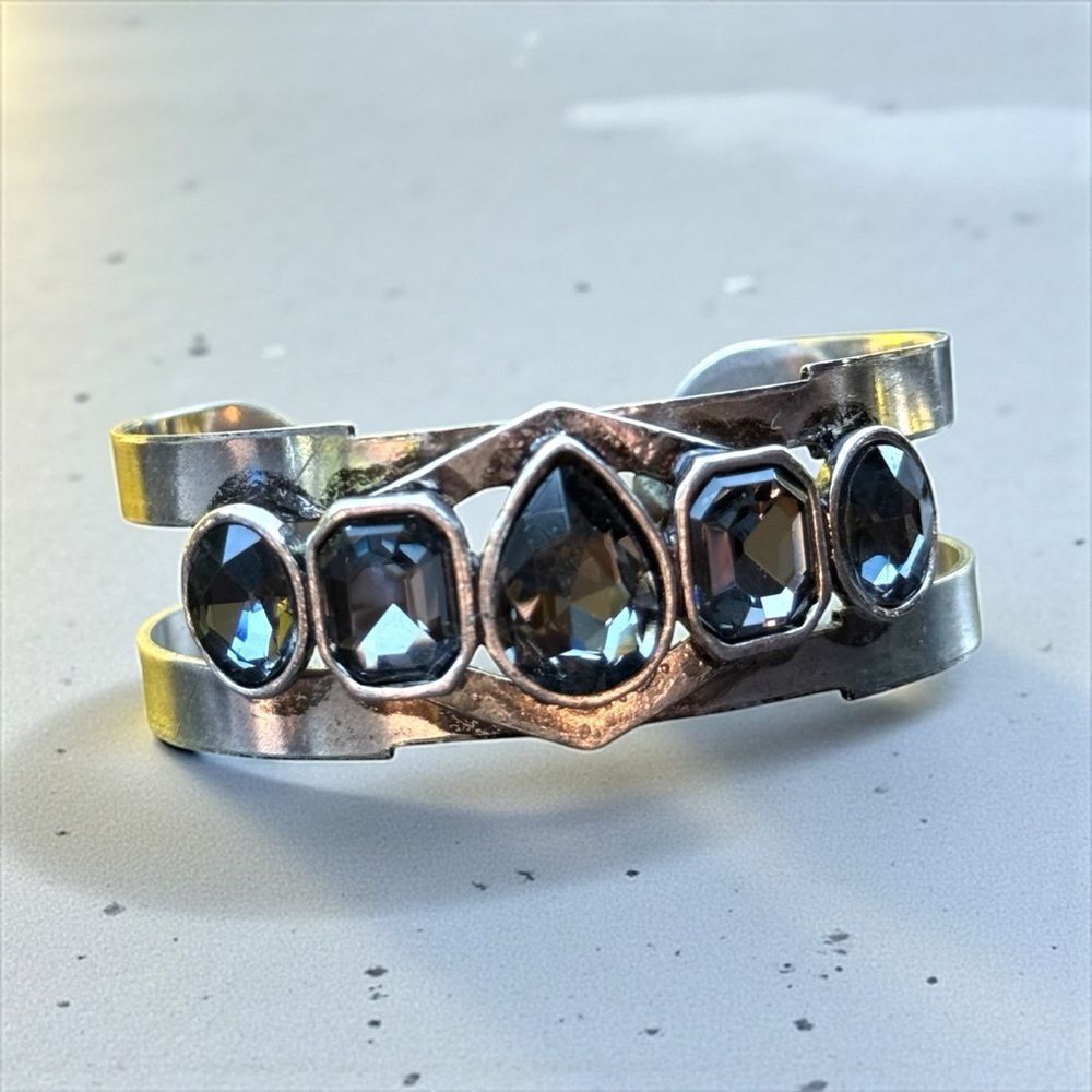 STATEMENT SILVER CUFF BRACELET LARGE FACETED SMOKY CRYSTALS –WOMEN’S BOLD DESIGN